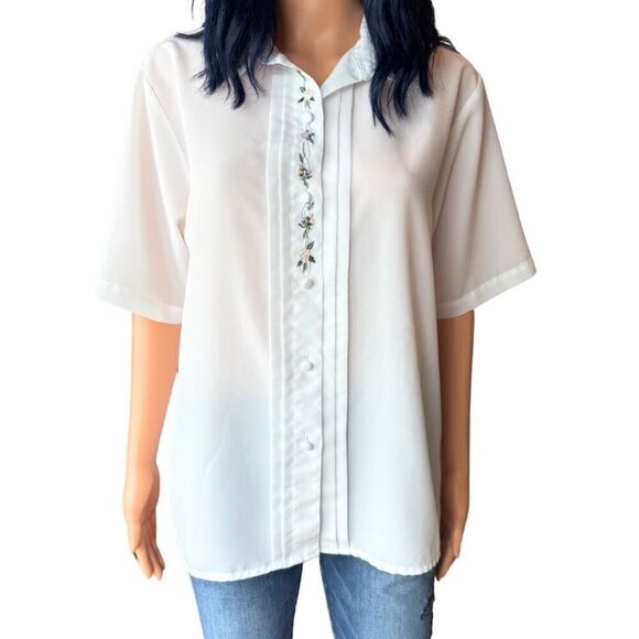 Vintage Yves St. Clair White Floral Embroidered Button Front Blouse Size Large - Picture 2 of 10